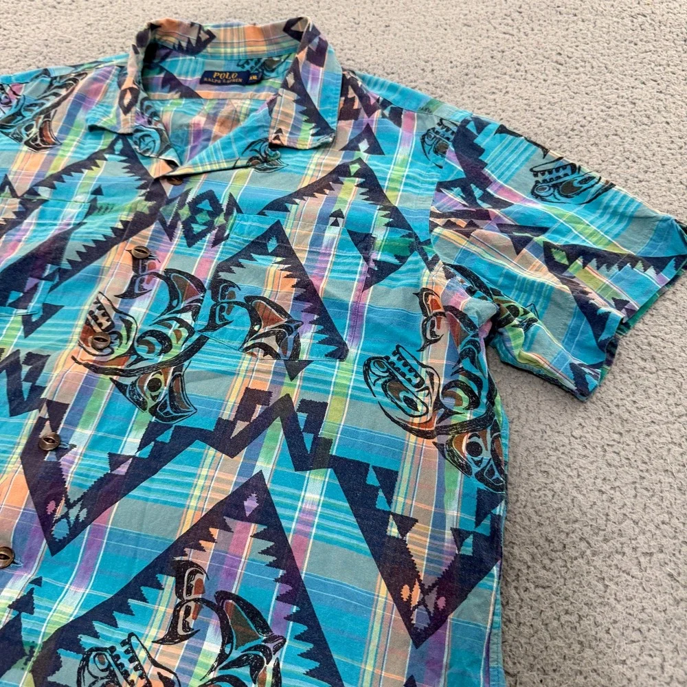 Polo Ralph Lauren Shirt XXL Southwestern Tribal Fish Plaid Camp Turquoise